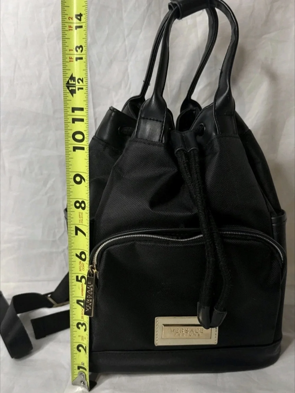 Versace Black Drawstring Backpack with Gold Accents